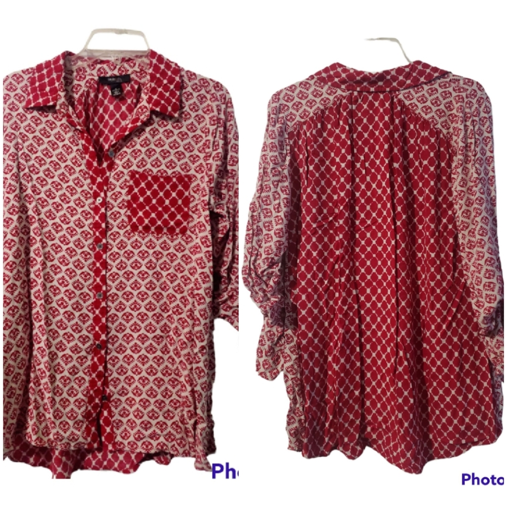 Style & Co Red and Cream Colored Button Up Blouse, Size 1X
